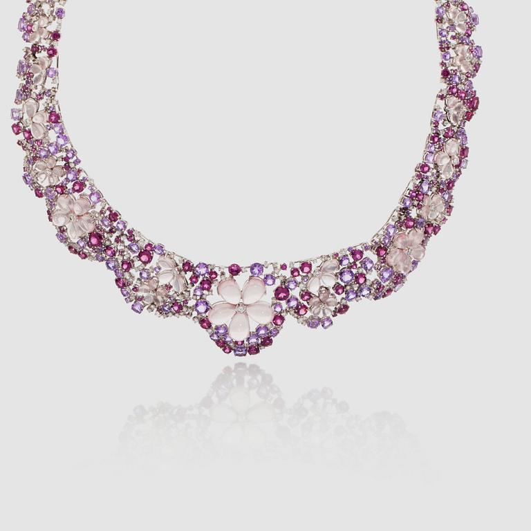 A rose quartz, amethist, tourmaline and brilliant-cut diamond, circa 3.28 in total, necklace.