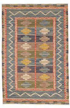 Märta Måås-Fjetterström, Matto, "Blå taggen", flat weave, ca 304,5-306 x 202,5 cm, signed MMF.