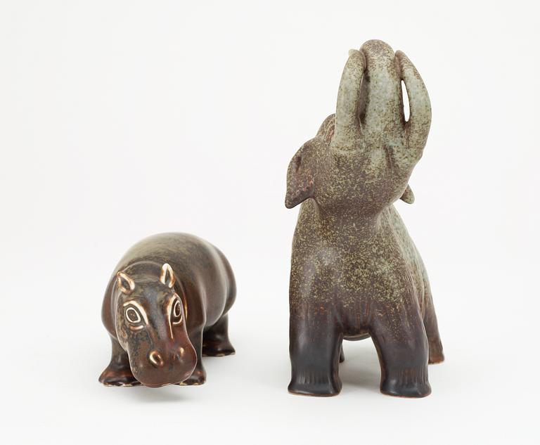 Two Gunnar Nylund stoneware figures, a hippo and a mammoth, Rörstrand.