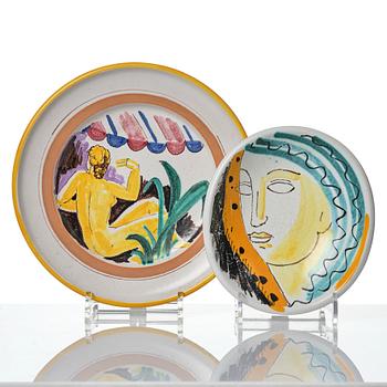 Wilhelm Kåge, two faience dishes, Gustavsbergs studio, Sweden, 1940's.