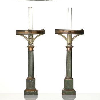 A pair of Empire painted sheet metal carcel oil lamps.