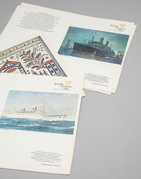 Memorabilia from the Swedish American Line, meny folders and postcards, 20th century.