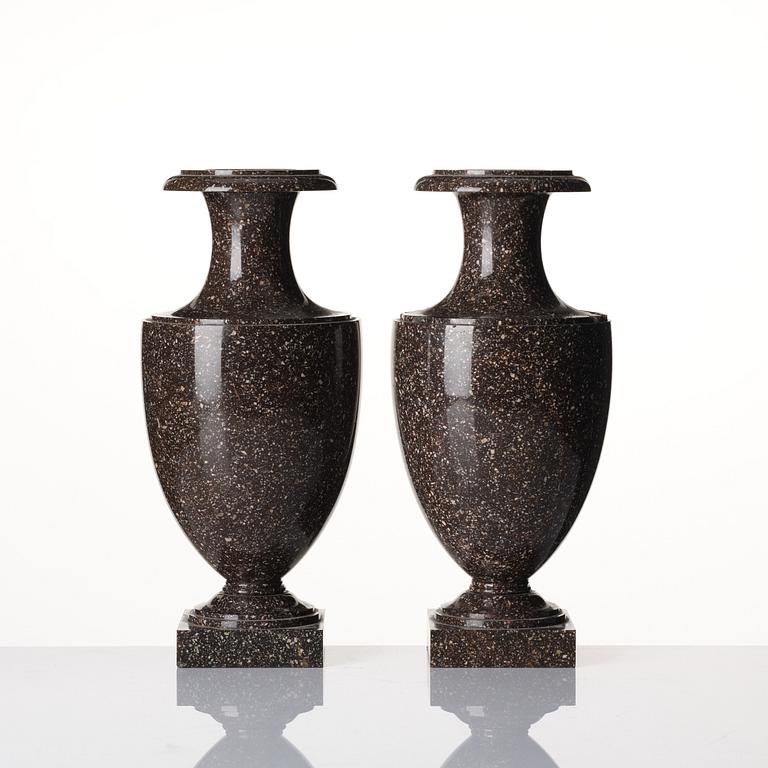 A pair of Swedish early 19th century 'Blyberg' porphyry urns.