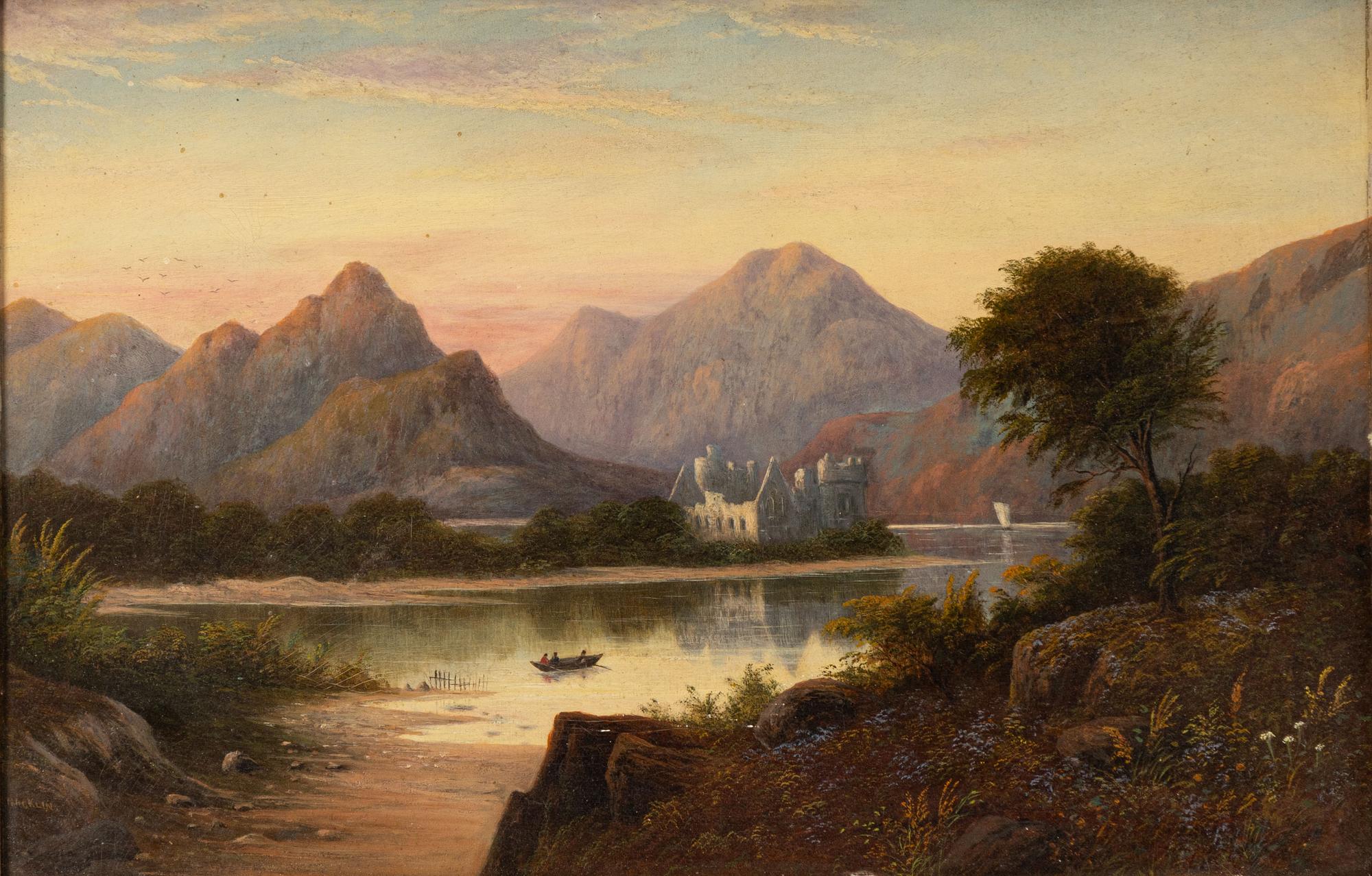 English artist, 19th century, Figure in a boat by a castle ruin.