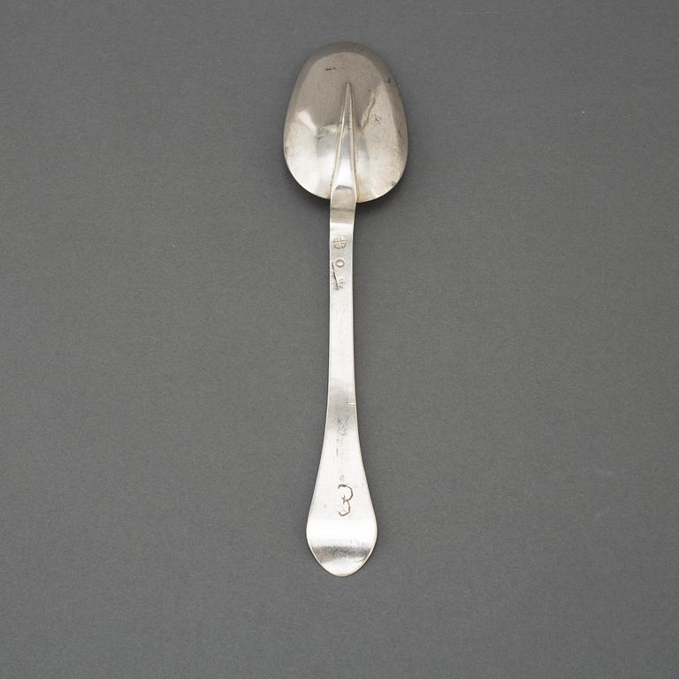 A silver rat tail spoon, possibly Oberphalen,  Estonia 18th century, unidentified makers mark.