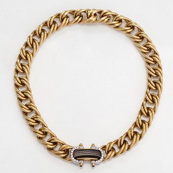Kaulakoru ja korvkaorupari, 18K kultaa, timantteja n. 1.56 ct yht, rubiineja, onyxia ja vuorikristallia. Maxart, Italia.