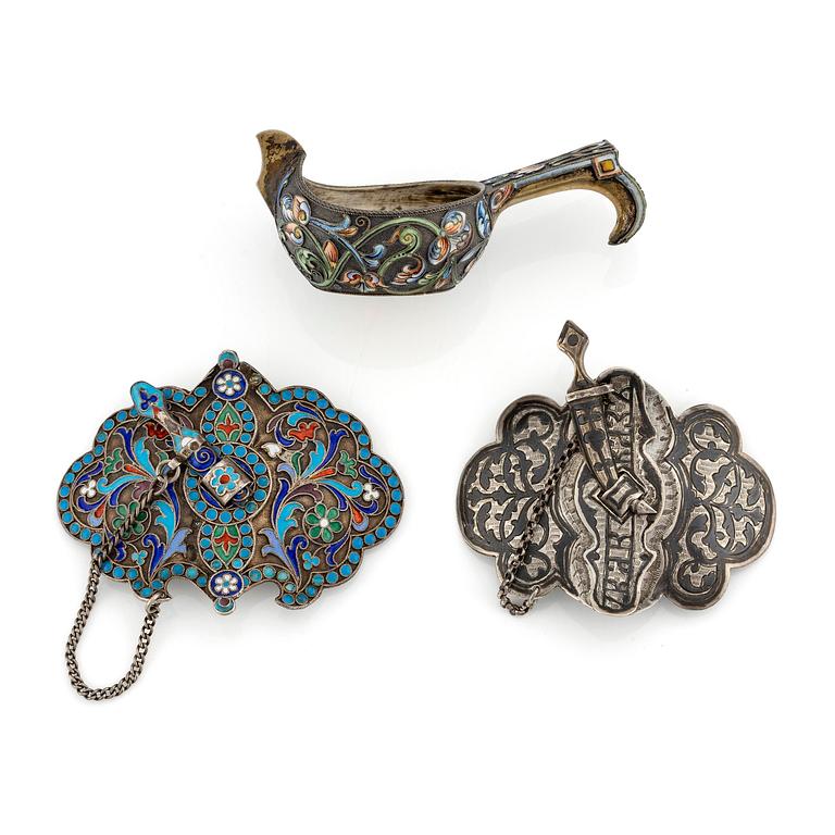 Costume jewellery and a cow, silver, three pieces, Russia.