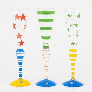 Anne Nilsson, seven 'Clown' champagne glasses, Orrefors.