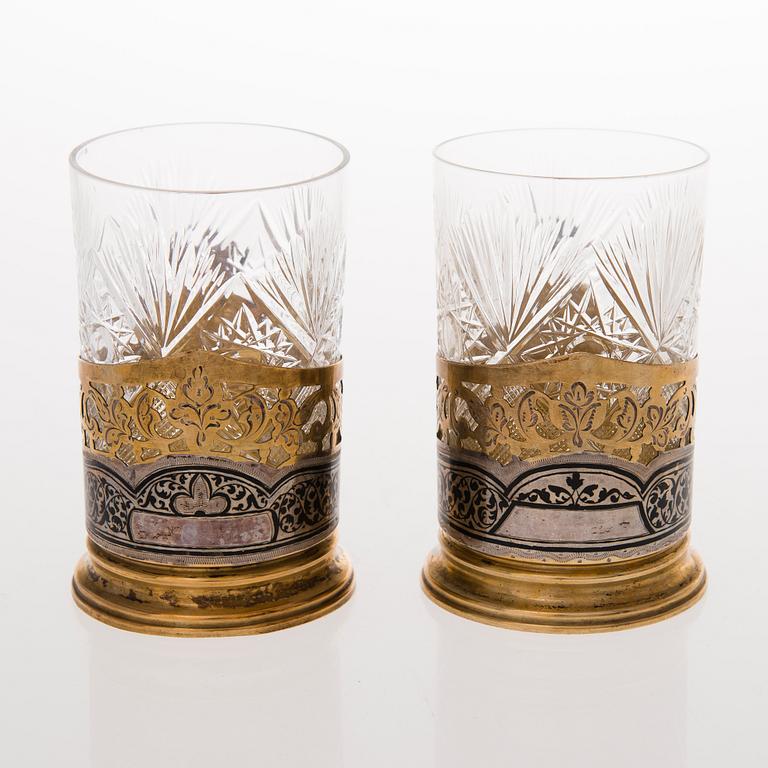 Six Russian tea glass holders, silver, metal and enamel, latter half of the 20th century.