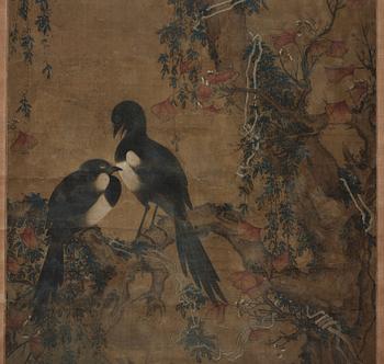 MÅLNING, okänd konstnär, motiv med skator. Qingdynastin, troligen 1700-tal.