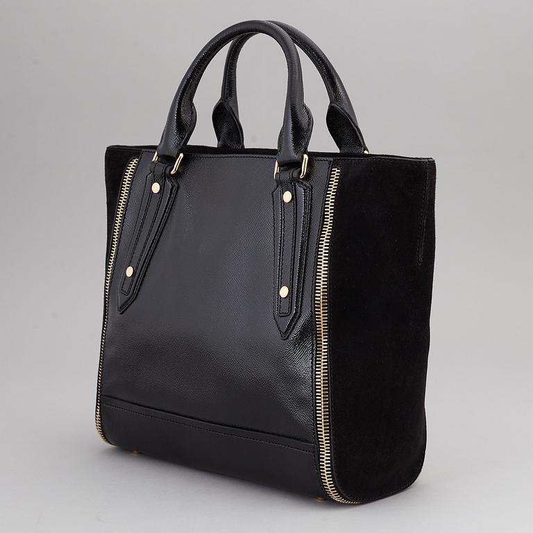 BURBERRY,  a black patent leather and suede handbag.