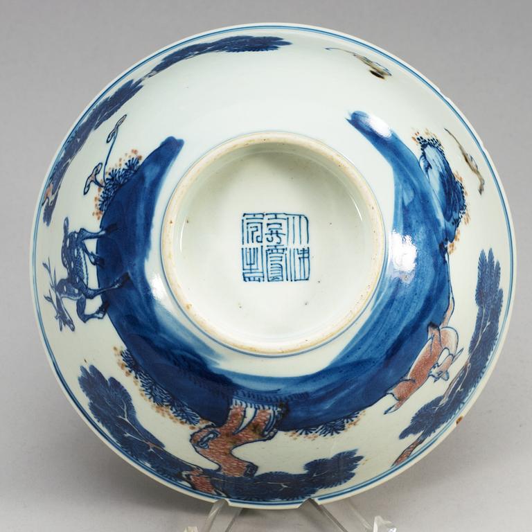 A underglaze blue and red bowl, Qing dynasty, 19th Century, with Jiaqing seal-mark.