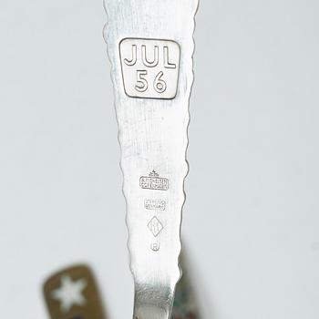 Anton Michelsen, Annual/Christmas flatware, 6 pieces, gilt sterling silver and enamel, Denmark, 1950s.