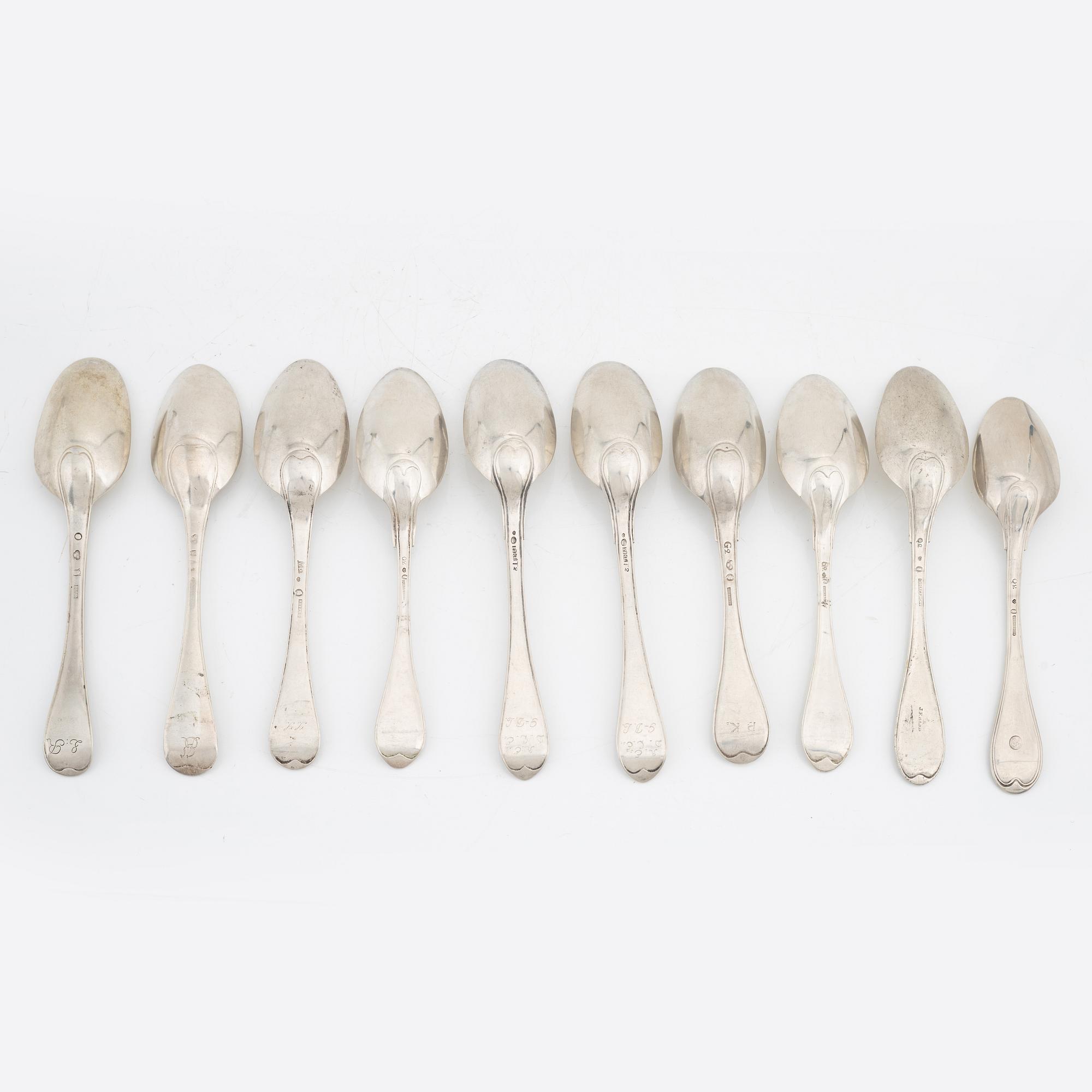 Ten silver spoons, Sweden, second half of the 18th century.