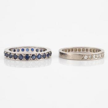 Alliance rings, 2 pcs, 18K white gold, set with octagon-cut diamonds and sapphires.