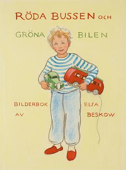 70. Elsa Beskow, "Röda bussen och gröna bilen. Bilderbok av Elsa Beskow (Bilderbok till Johan från farmor)".