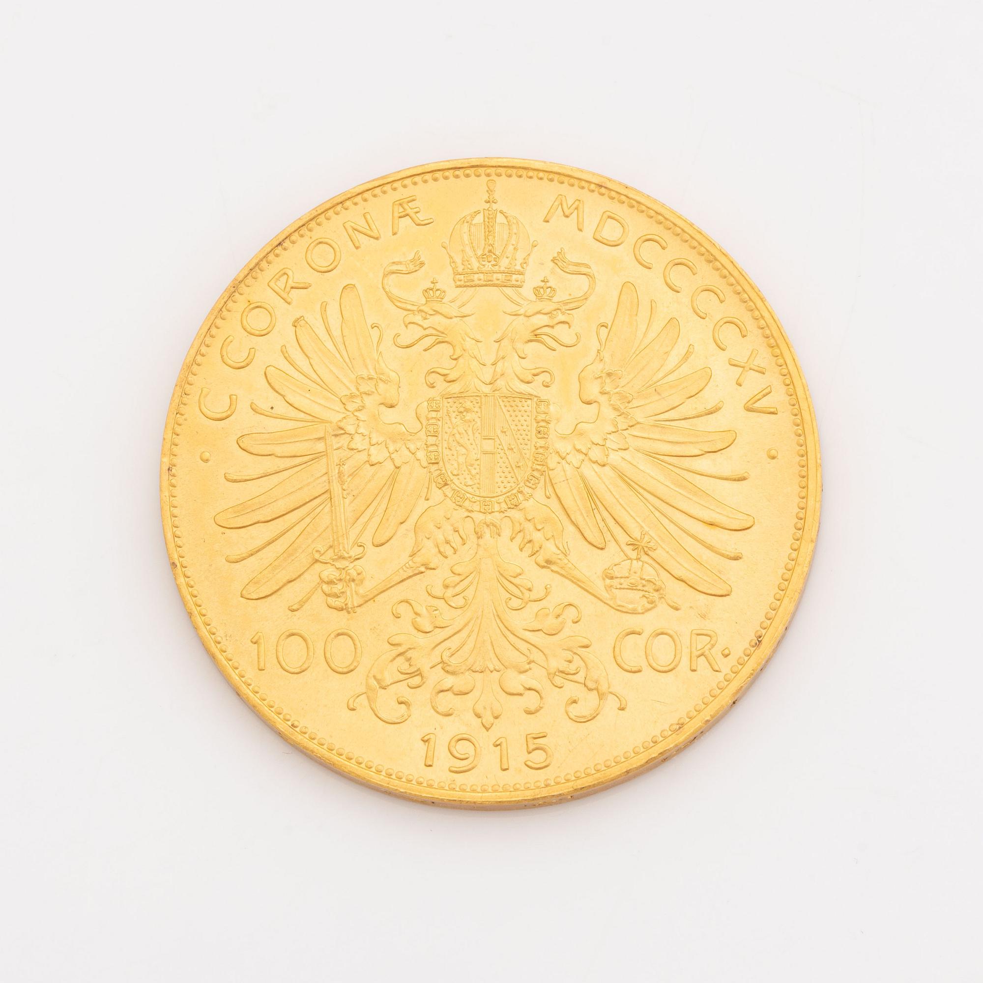 An Austrian gold coin, re-strike 100 Corona 1915.