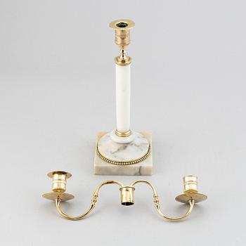 A late Gustavian brass and marble candelabra/candle holder, around the year 1800.