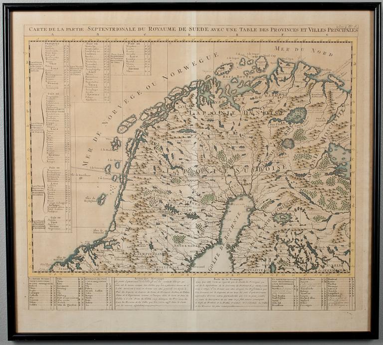 KARTOR, 2 st, Carte de la Partie Septentrionale du Royaume de Suede avec une table des Provinces et Villes Principales.