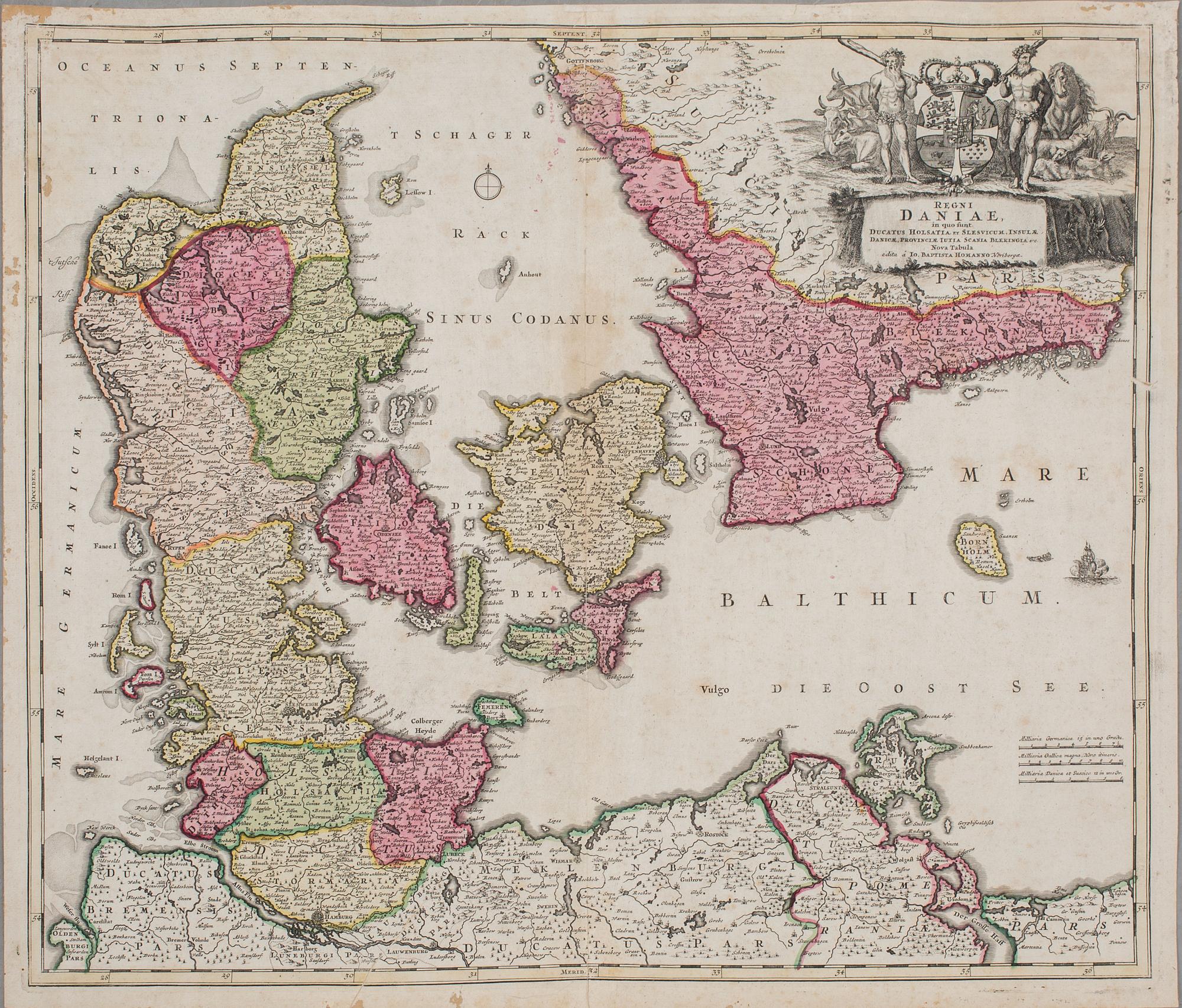 KARTA Regni Daniae, Johan Homann 1700-tal, handkolorerat kopparstick.