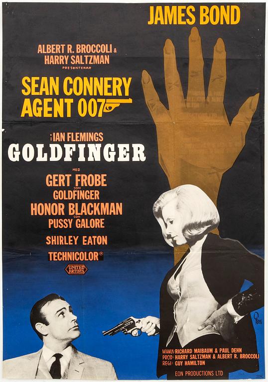 A Swedish movie poster by Gösta Åberg,  James Bond "Goldfinger" 1965 numbered 2669.