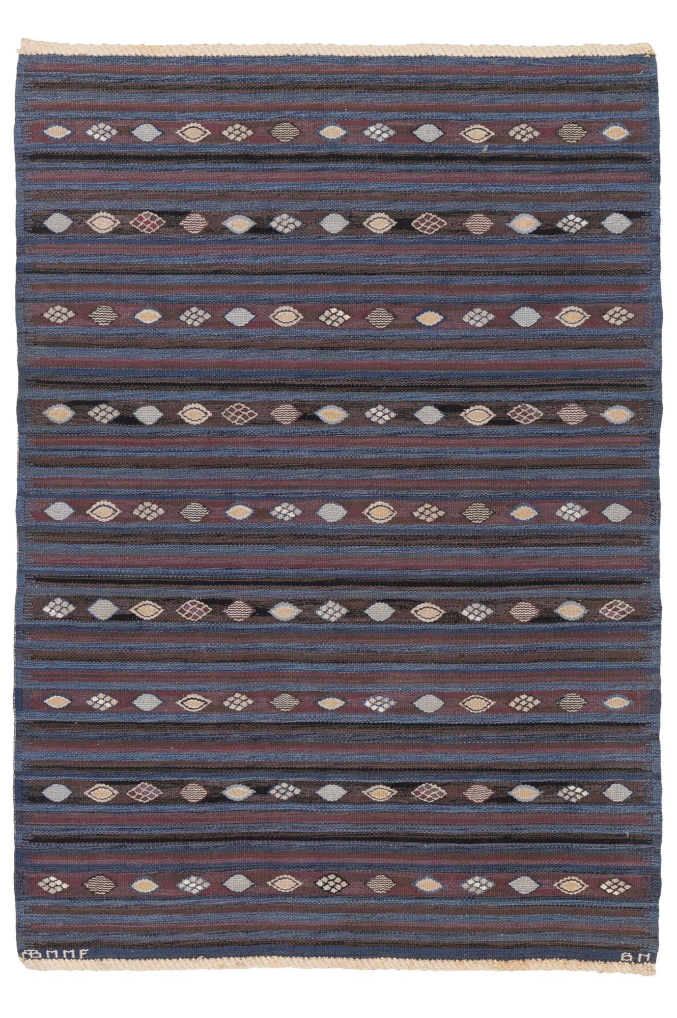 Barbro Nilsson, a carpet, 'Blåbär mörk', tapestry weave, c. 215 x 149 cm, signed AB MMF BN.