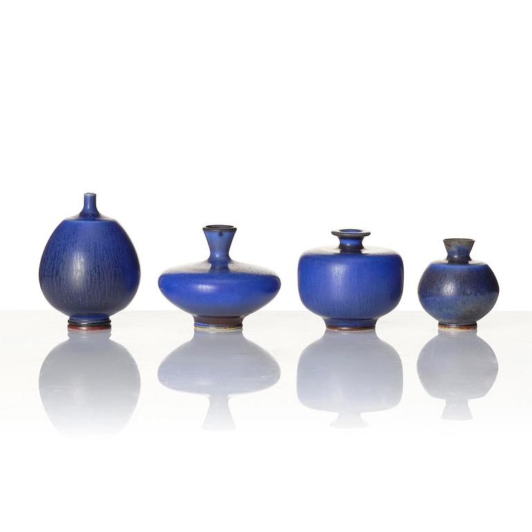 Berndt Friberg, a set of 8 miniature stoneware vases and 4 bowls, Gustavsberg Studio, 1962-68.