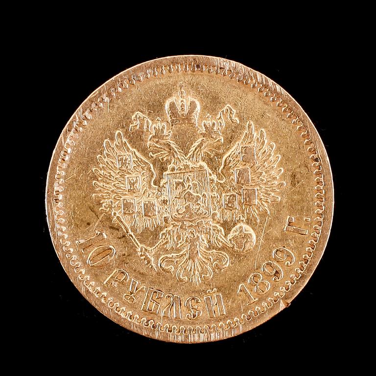 GULDMYNT, Ryssland, 10 rubel, 1899. Vikt ca 8 gram.