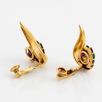A pair of 18K gold earrings set with round brilliant-cut diamonds and colored stones.