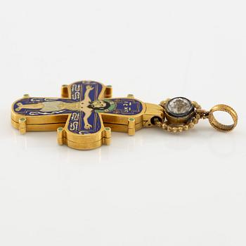 Cross 18K gold with enamel and white stone with relic compartment.