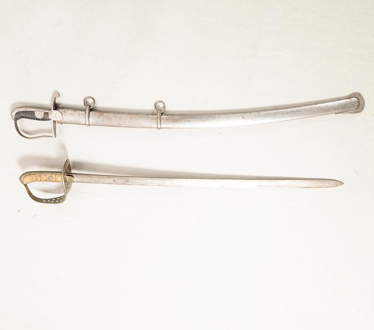 Swords 2 pcs, Swedish, m/1867 for the cavalry, and m/1831 for artillery personnel, with scabbard.