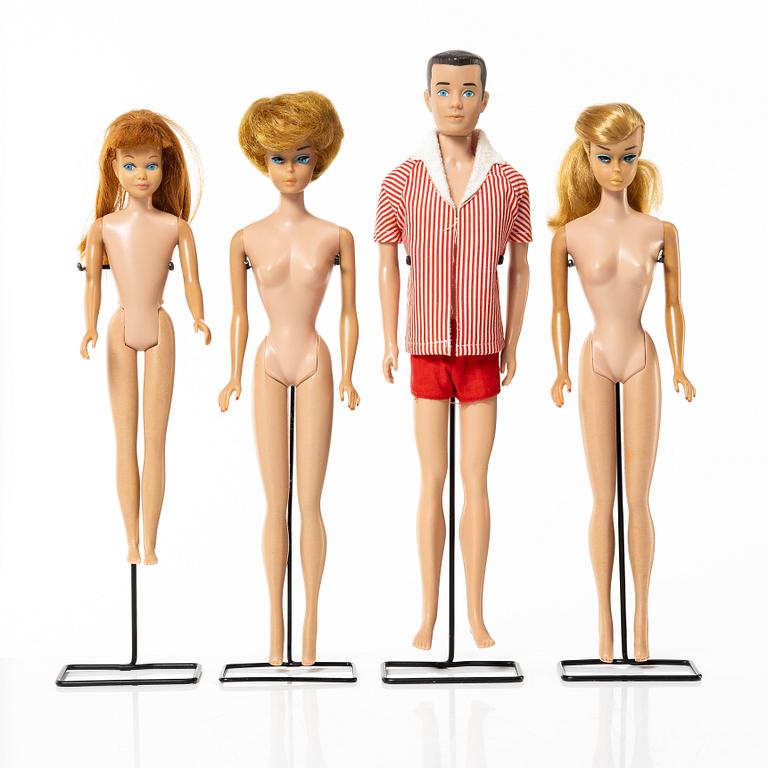 Barbie dolls, 4 pcs, along with clothes and accessories, Mattel, 1960s.