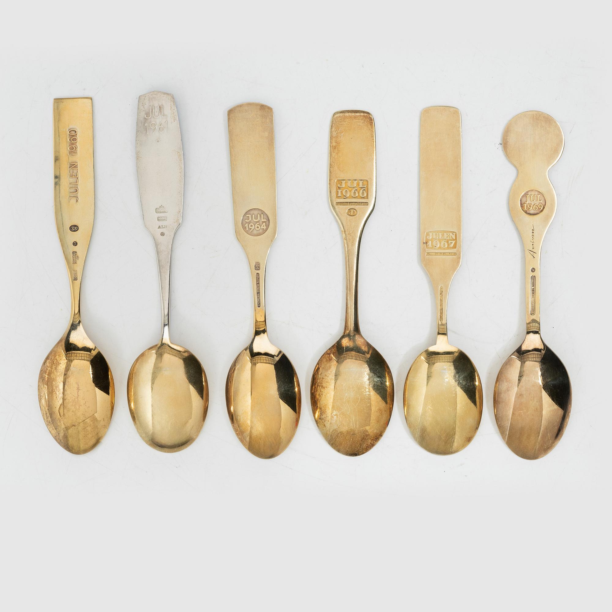 Anton Michelsen, Annual/Christmas spoons, 6 pcs, gilt sterling silver and enamel, Denmark, 1960s.
