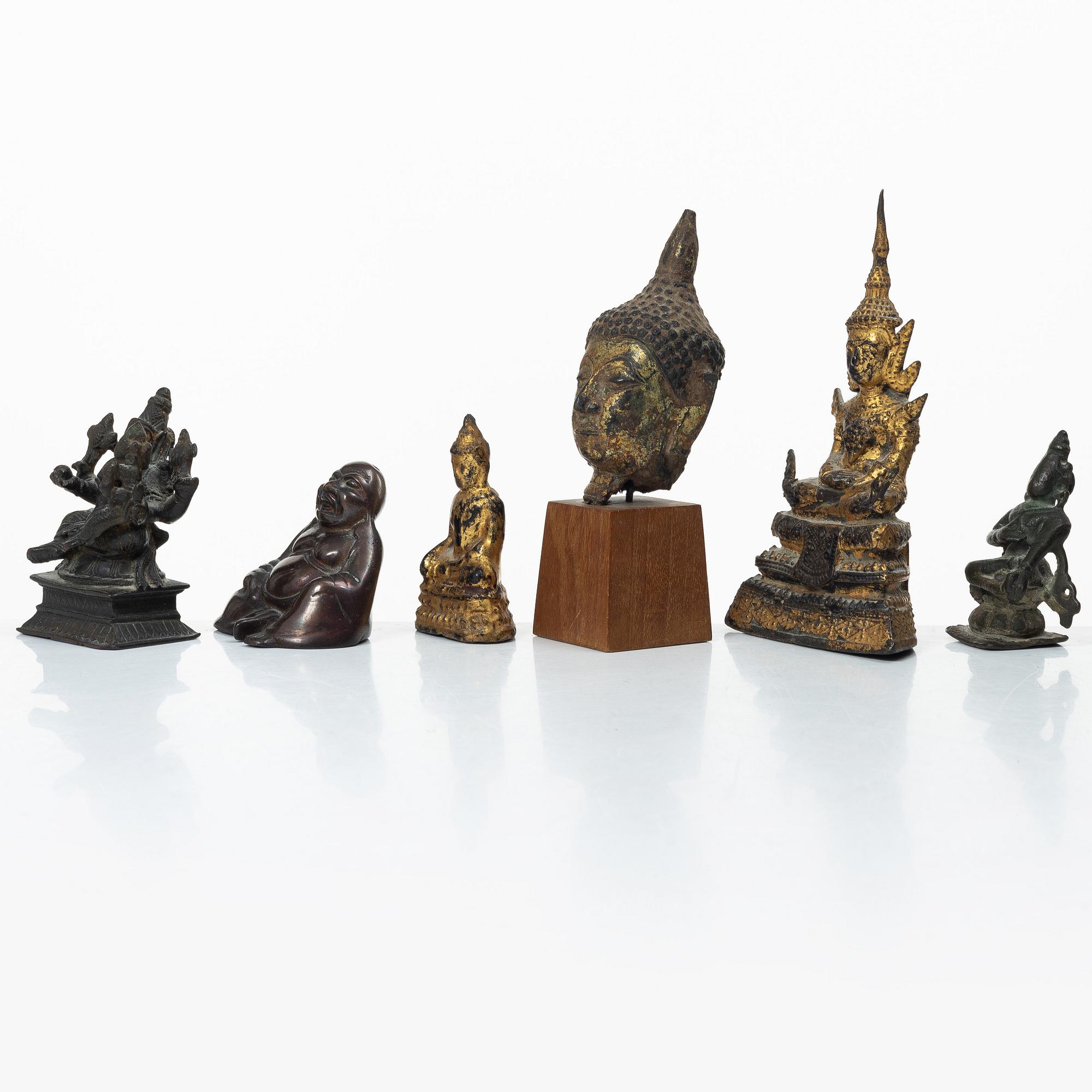 A group of six bronze figures of Buddha, Thailand and India. 18/20th century.