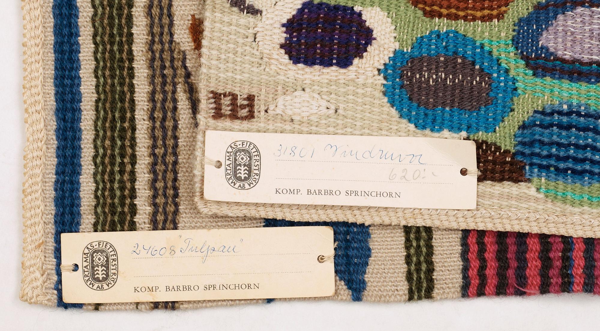 TEXTILES, 3 pieces. "Vindruvor", "Oktober" as well as "Tulpan". 34,5 x 35,5, 40 x 30, 34 x 39,5 cm. Designed and signed by Barbro Sprinchorn.