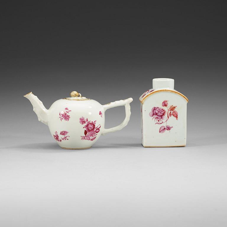 A 'European Subject' tepot with cover, and a tea caddy, Qing dynasty, Qianlong (1736-95).