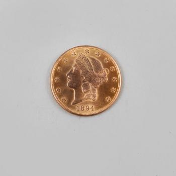 GULDMYNT, 20 dollars, Liberty double eagle, USA, 1894, vikt 32,4g.