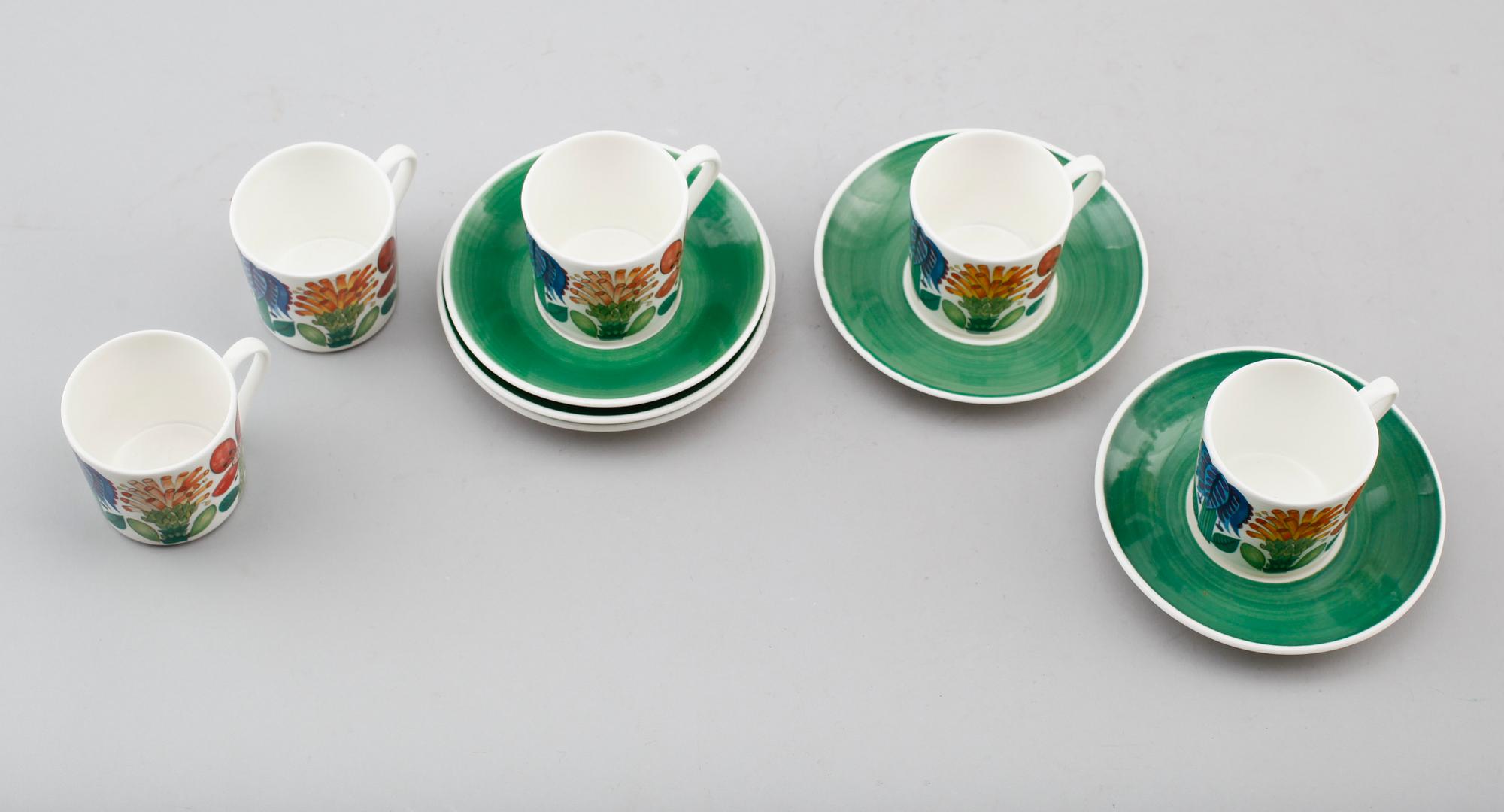 KAFFEKOPPAR MED FAT, 5 st, porslin, "Tahiti", Stig Lindberg, Gustavsberg.
