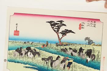 ANDO HIROSHIGE, senare avdrag, mapp, "The fifty-three stations on the tokaido", utgiven av Kata Hanga Kenkyujo.