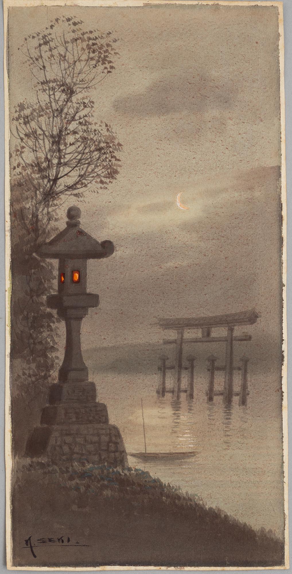 Seki, two watercolours, "Moonlit Temple" and "Bridge in Autumn Landscape", Japan 20th century.