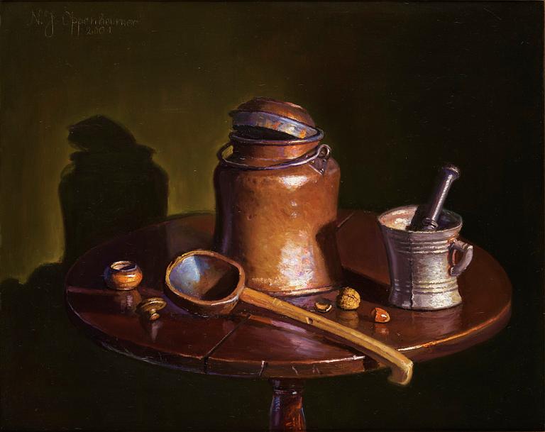 Johnny Oppenheimer, Still life with copper bucket, ladle and mortar.