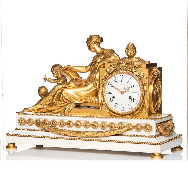 A monumental Louis XVI-style marble and ormolu mantel clock 'à la Geoffrin', first part of the 19th century.