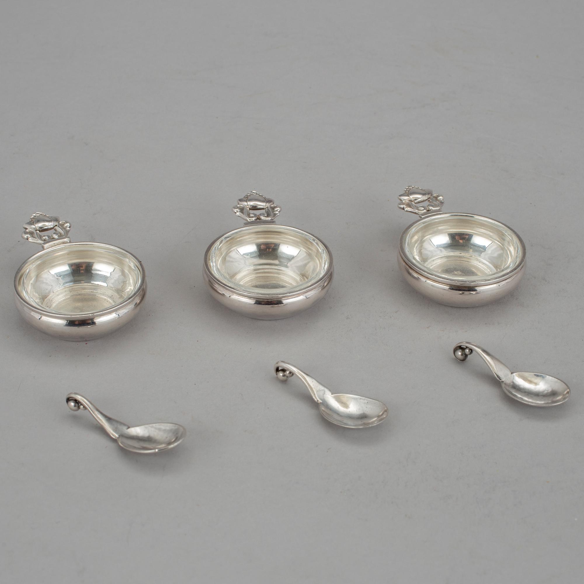SALTKAR, 3 st, silver, "Konge", Georg Jensen, Danmark. Total silvervikt ca 59 g.