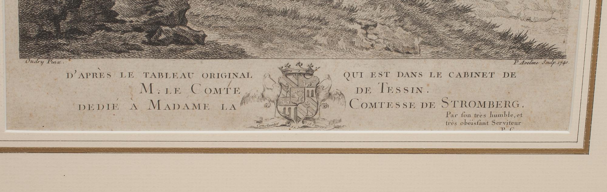 JEAN-BAPTISTE OUDRY, efter, gravyr av Pierre Alexandre Aveline, daterad 1740.