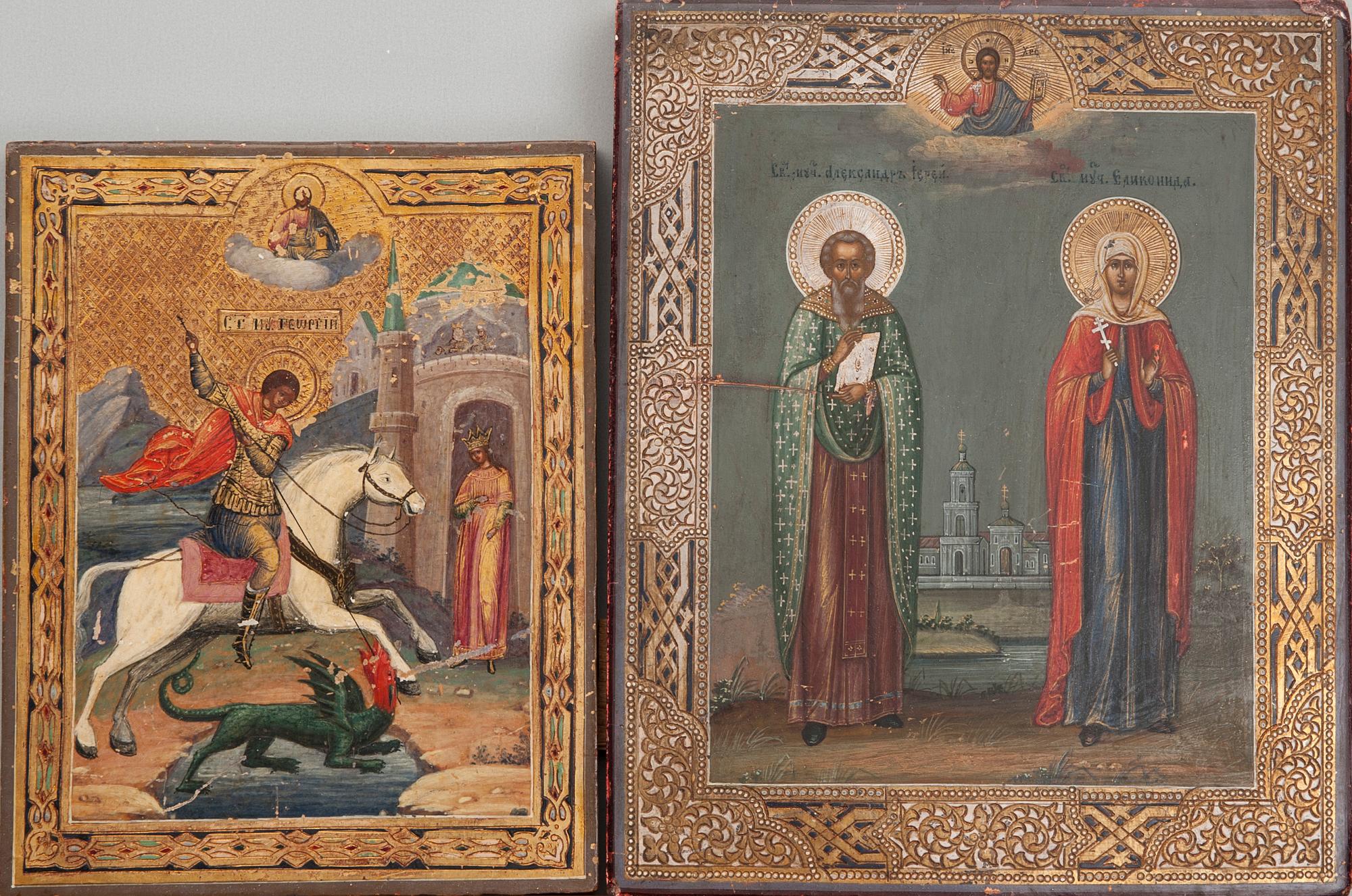 IKONER, 2 st, tempera på pannå, Ryssland, 1800-talets senare hälft.