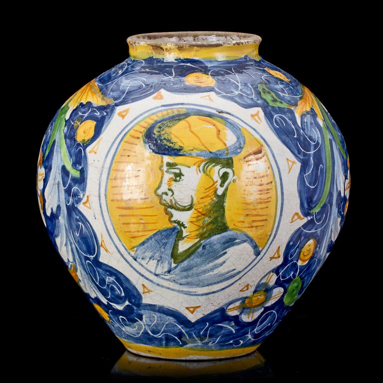 An Italian majolica albarello, presumably Urbino, 17/18th Century.