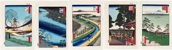 Ando Utagawa Hiroshige, after, a set of five woodblock prints in colours, later part of the 20th Century.