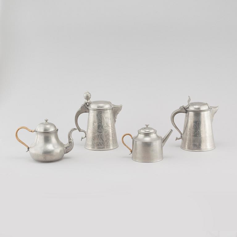 Two tankards and two pots in pewter, i a by Pehr Henrik Lundén in Lidköping, 19th century.