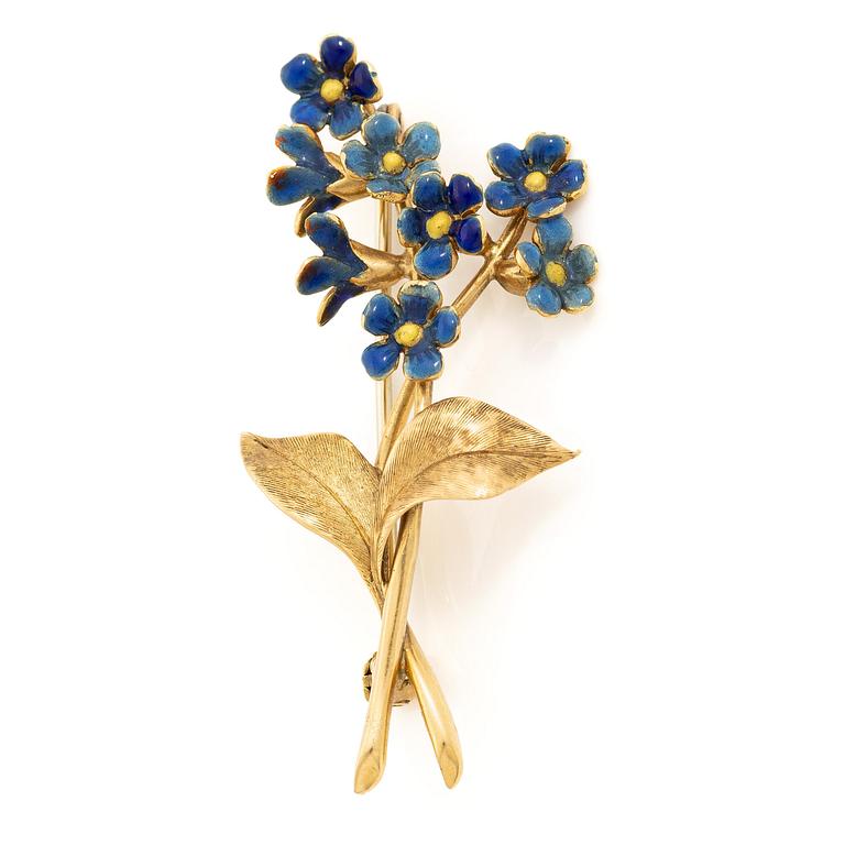 Brosch i form av en blombukett 18K guld med blå emalj.