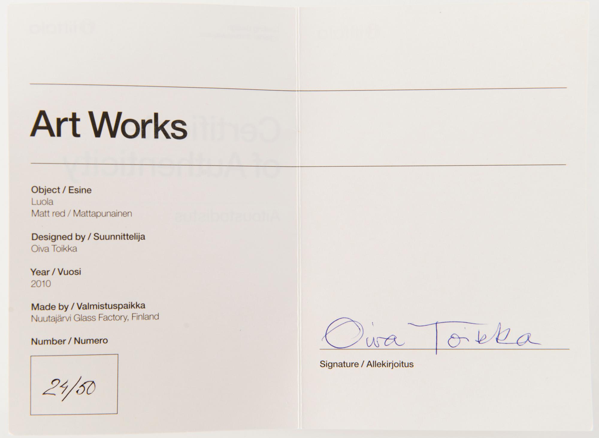 OIVA TOIKKA, a 'Luola' (Cave) glass sculpture signed Oiva Toikka Iittala 2010 24/50.